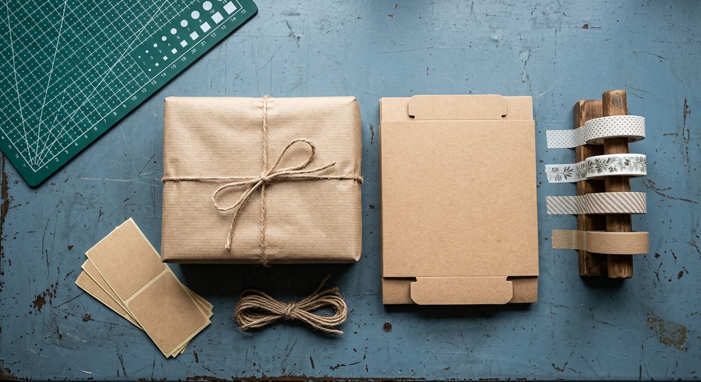 A packed craft order flatlay — kraft paper, tape and boxes wrapped and labelled for dispatch