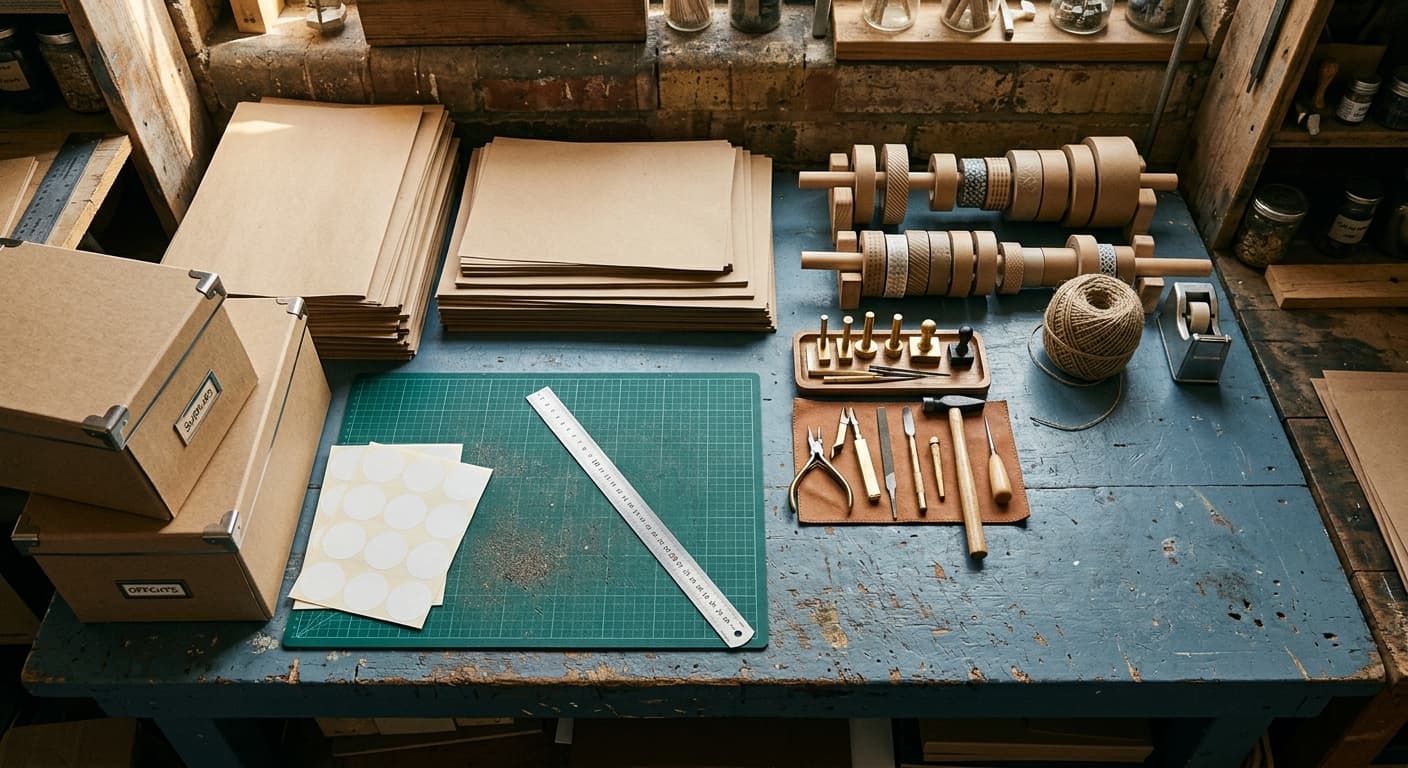 A Sheffield craft workshop bench laid out with kraft paper, washi tape, a green cutting mat, kraft storage boxes and blank labels